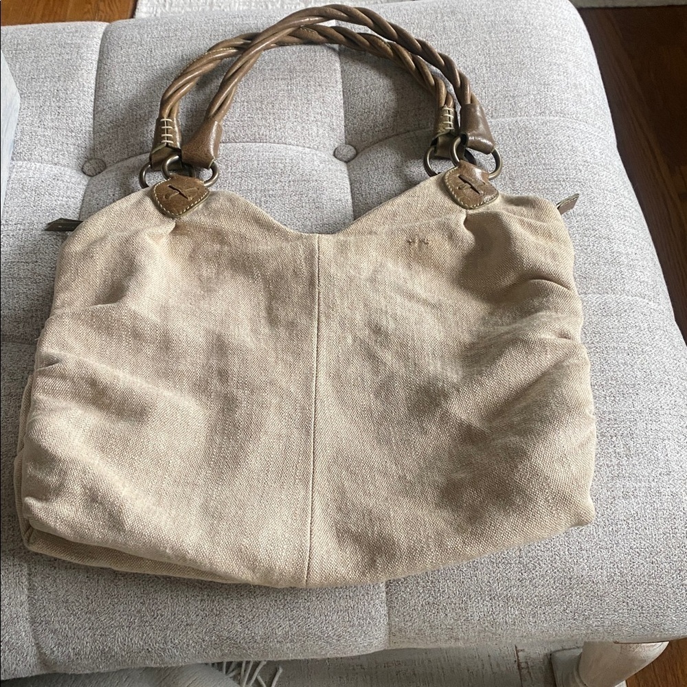 Via Spiga Beige Canvas & Brown Leather Braided-Handle Hobo Bag - Picture 3 of 14